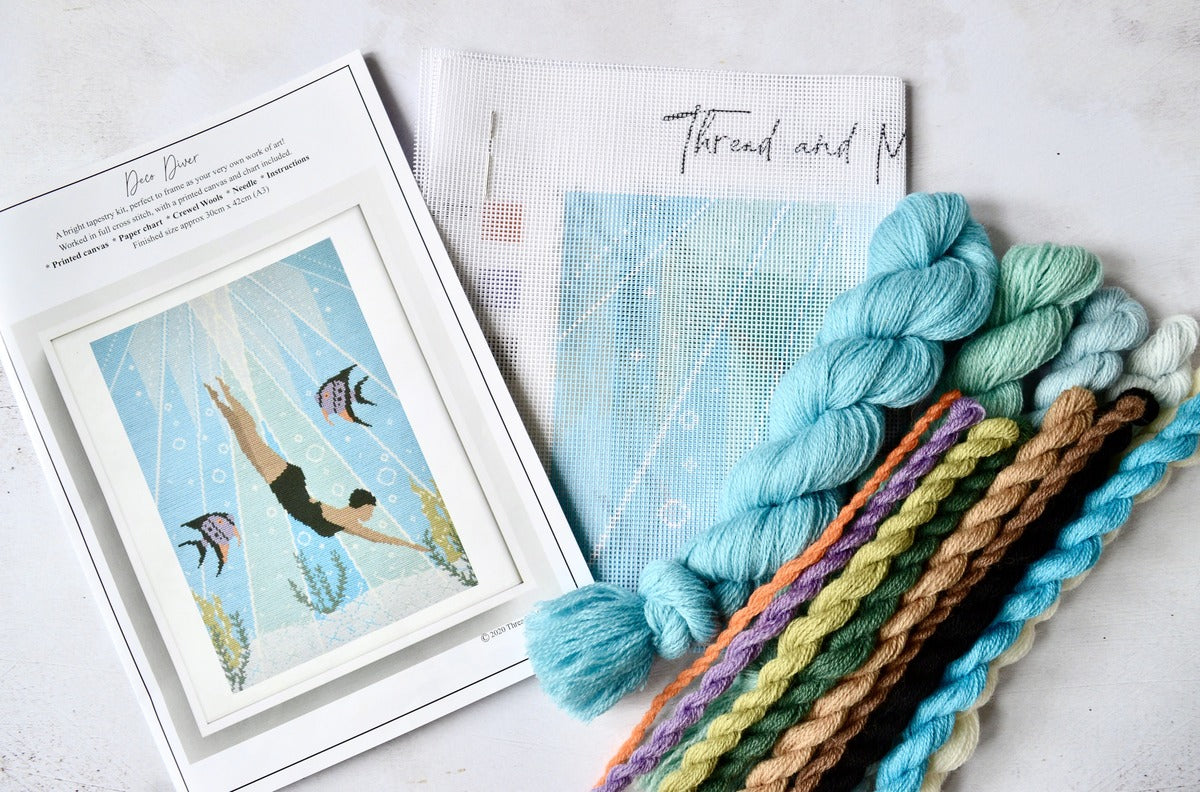 A Thread and Mercury Deco Diver tapestry kit with wool. A vibrant work of art created using wool and cross stitch