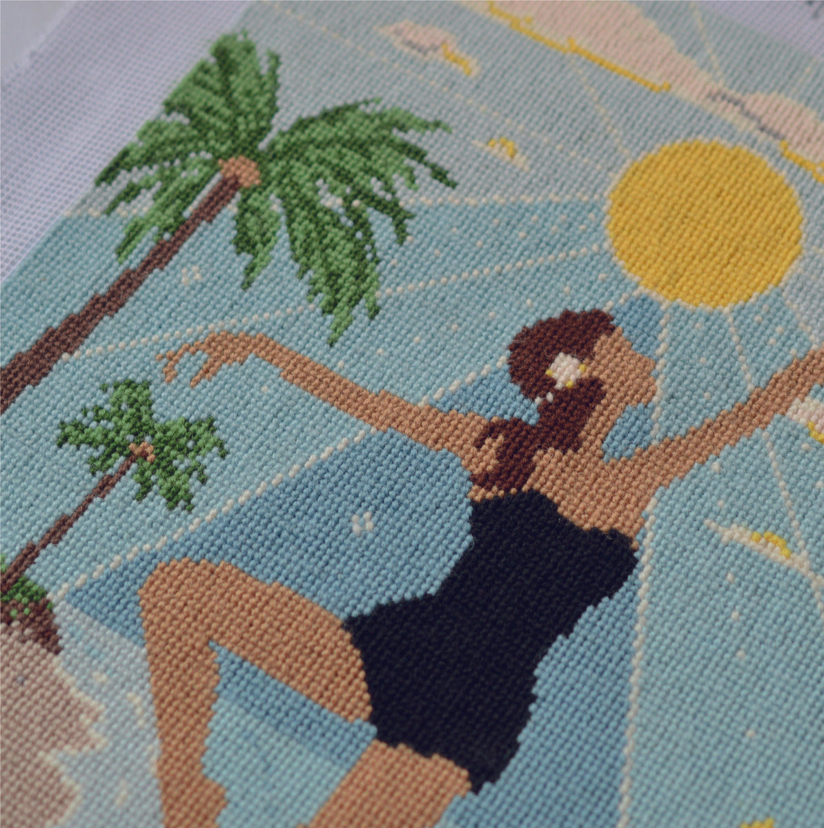 A close up image of the renaissance designer tapestry kit crafted and stitched using cross stitch