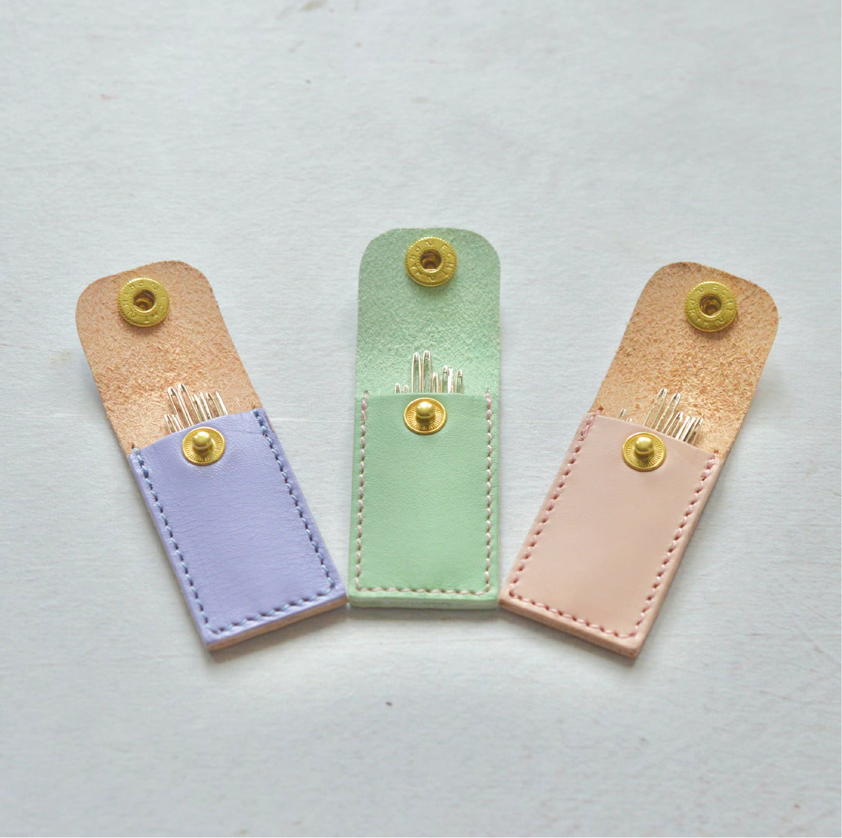 tapestry needles with a leather case to hold them and a popper to close the case