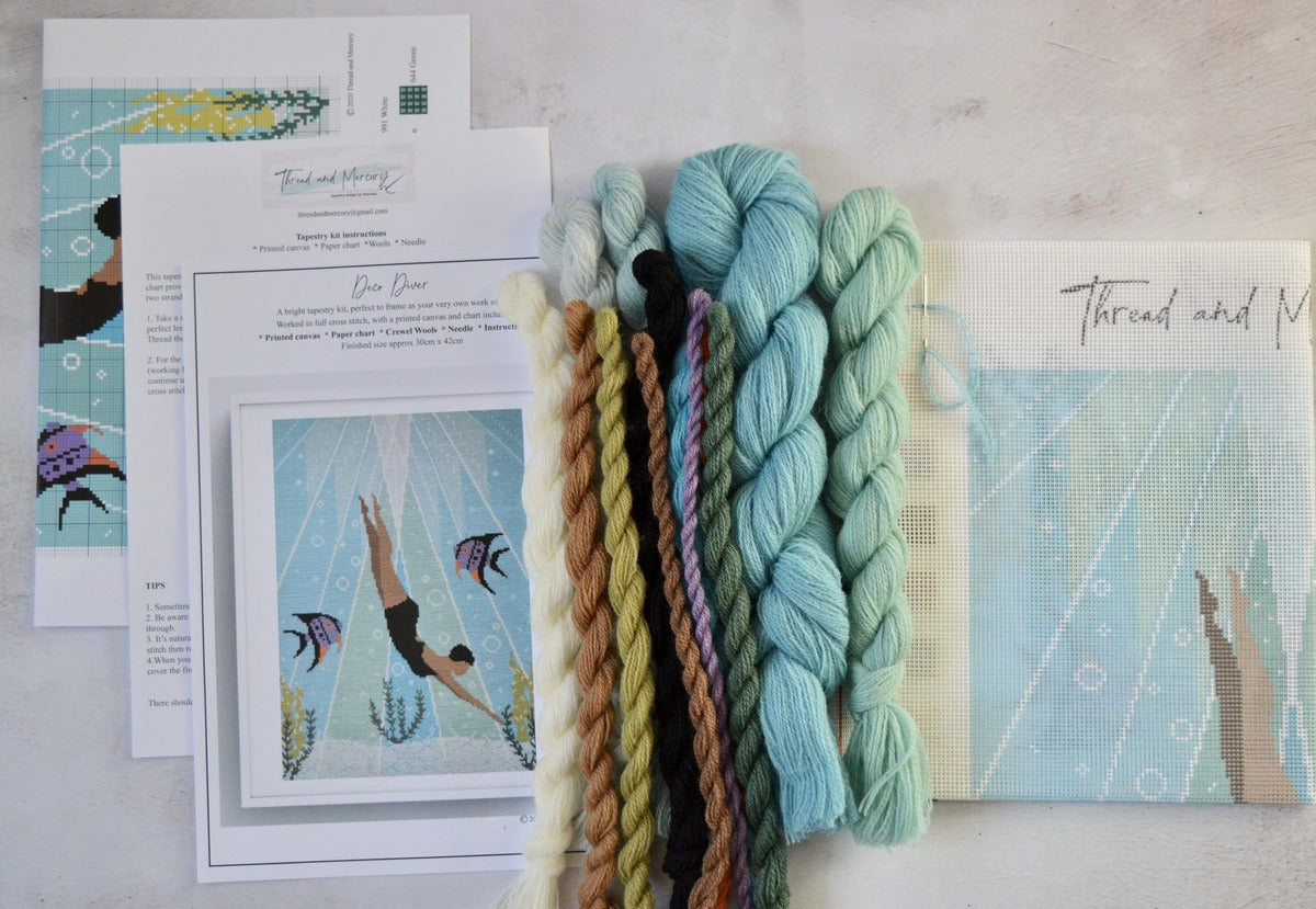 a modern tapestry kit containing vibrant colours of appletons crewel wool and printed canvas