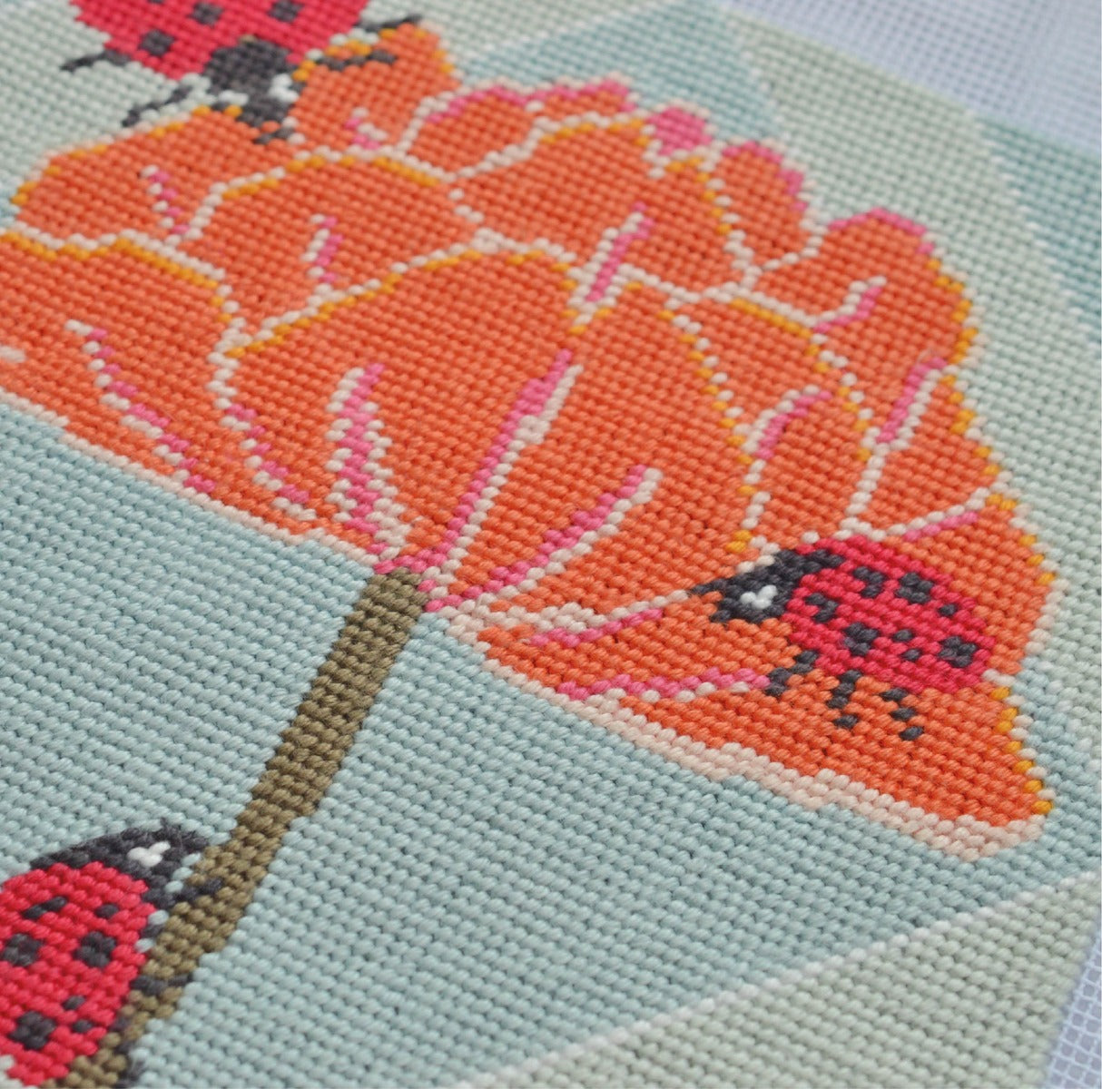 spring tapestry kit with ladybirds, stitched in tent stitch suitable for beginners. 