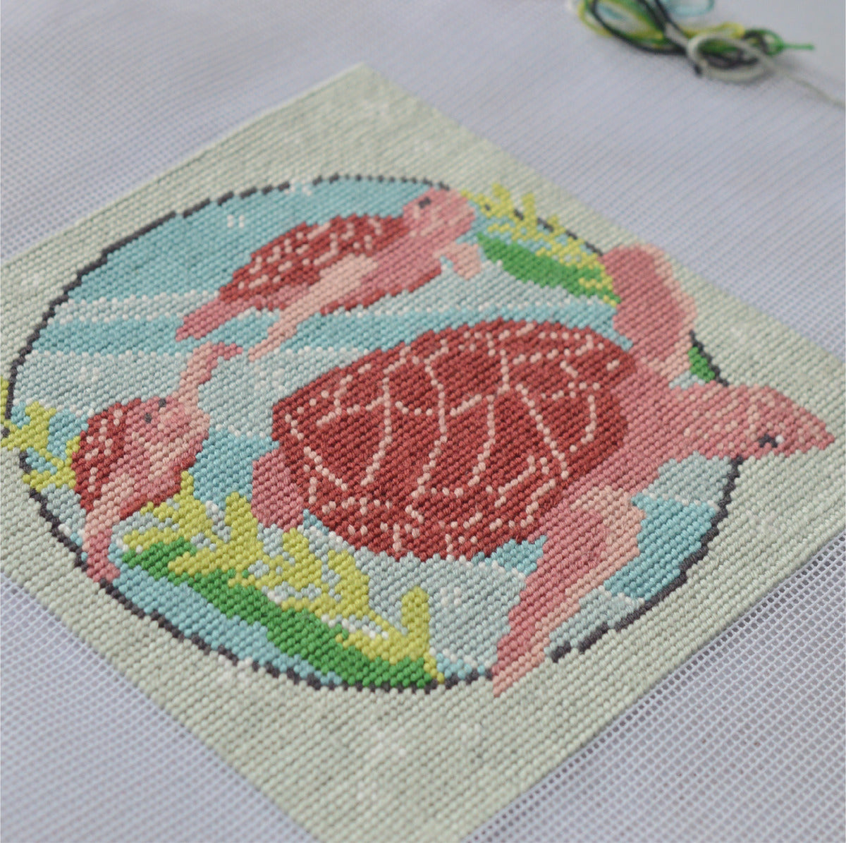 A detailed close up of the finished sea life tapestry kit showing tent stitch using soft cotton thread