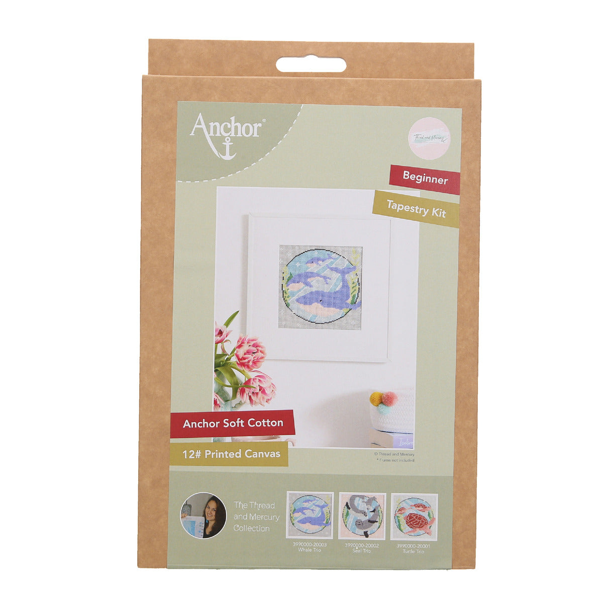 An image of the boxed anchor beginners tapestry kit featuring a trio of whales design