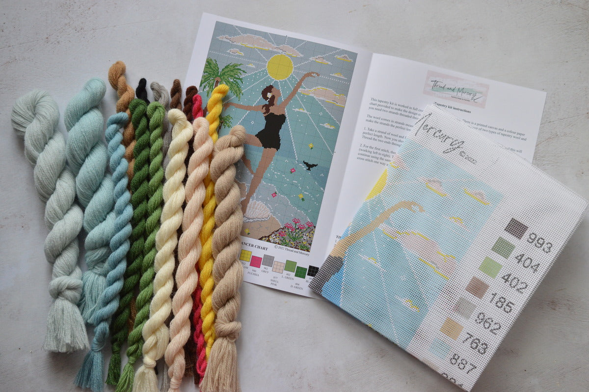 a do it yourself kit to create your own tapestry kit using crewel wool and a beautiful printed beach design onto the canvas